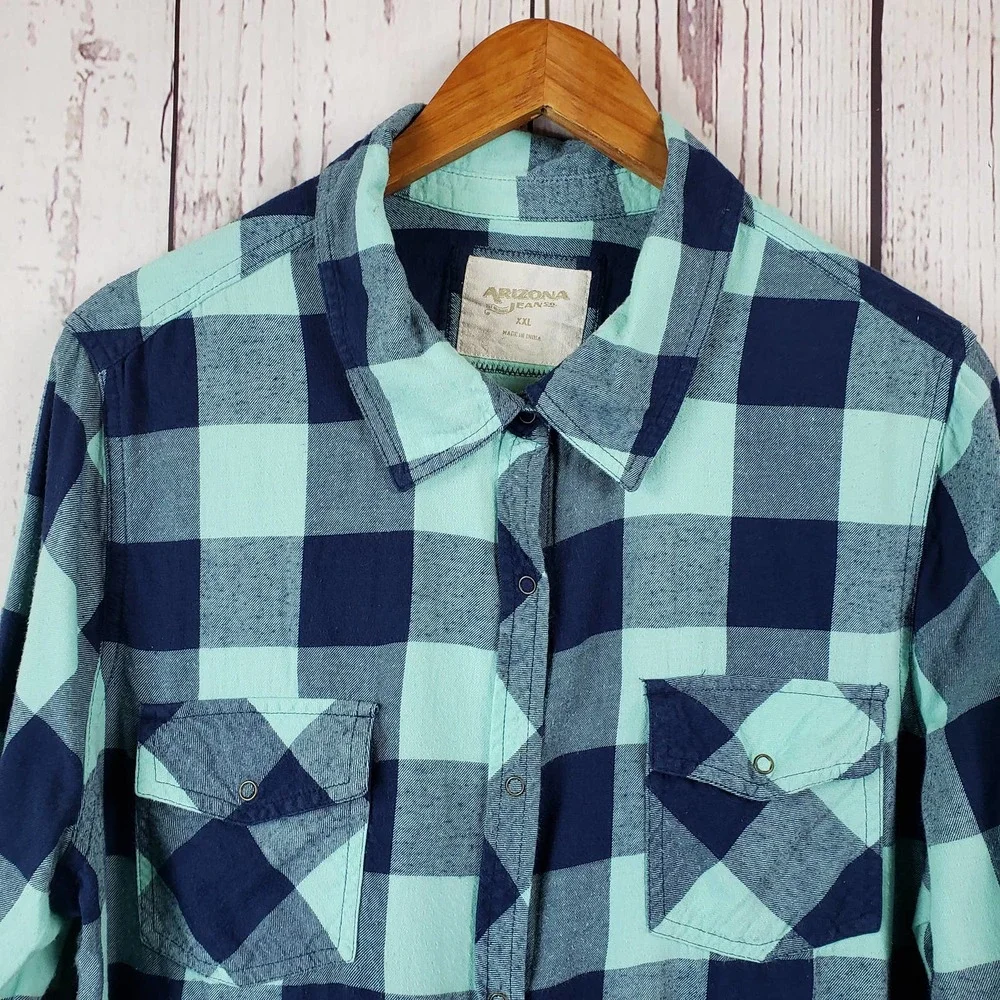 Arizona Jean Co. Button Down Shirt Juniors Size XXL Checkered Long Sleeve Blue - Picture 3 of 8